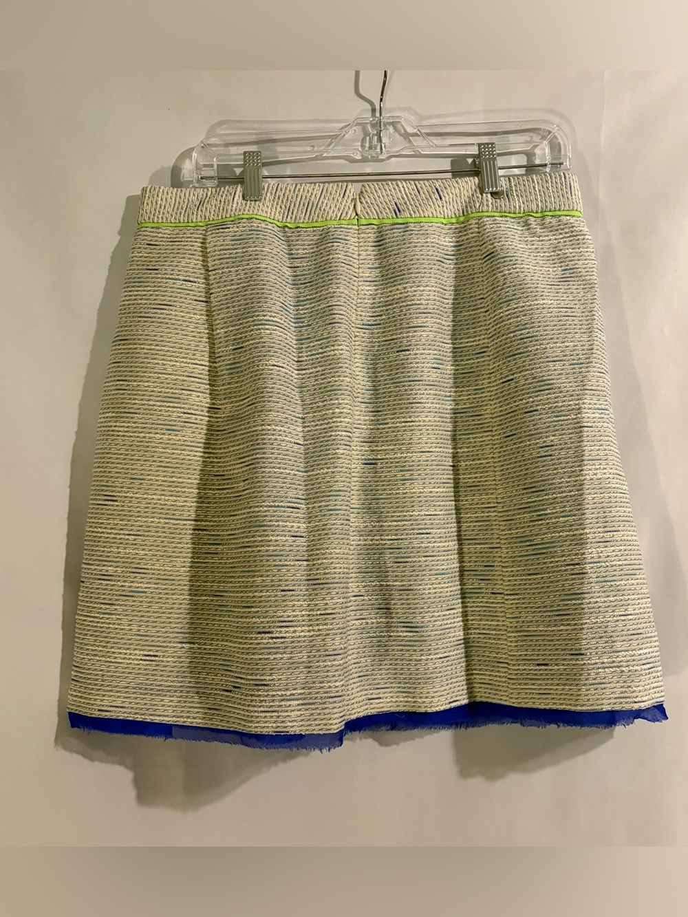 Elie Tahari Cream Tweed A-Line Skirt with Blue Hem and Neon Green Trim